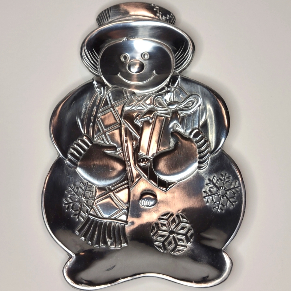 Embossed Snowman Candy Dish Silver Stainless Steel Home For the Holidays in Box